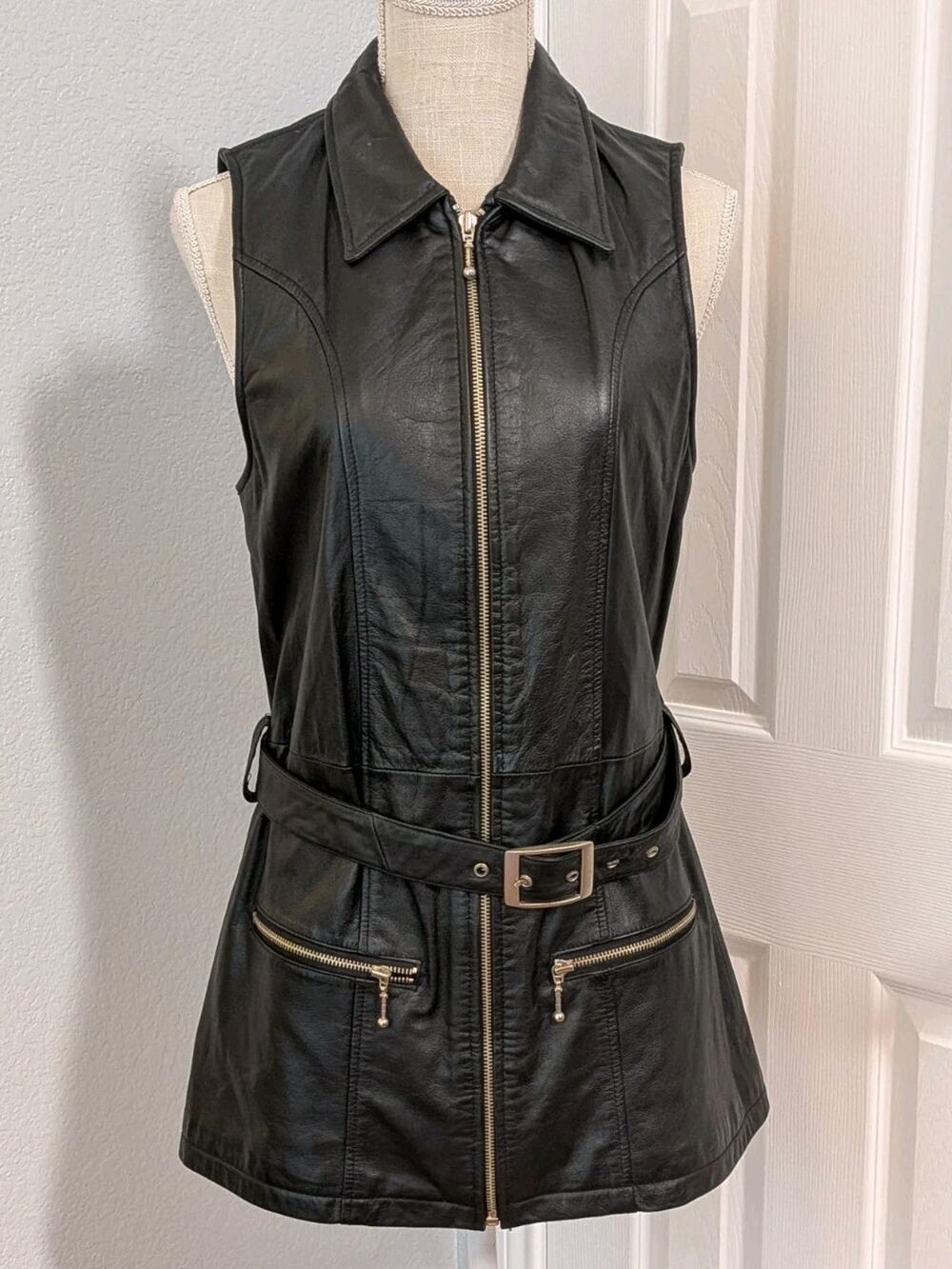 Vtg Wilsons Leather Moto Longline Vest Dress Womens Medium 90s Biker Belted